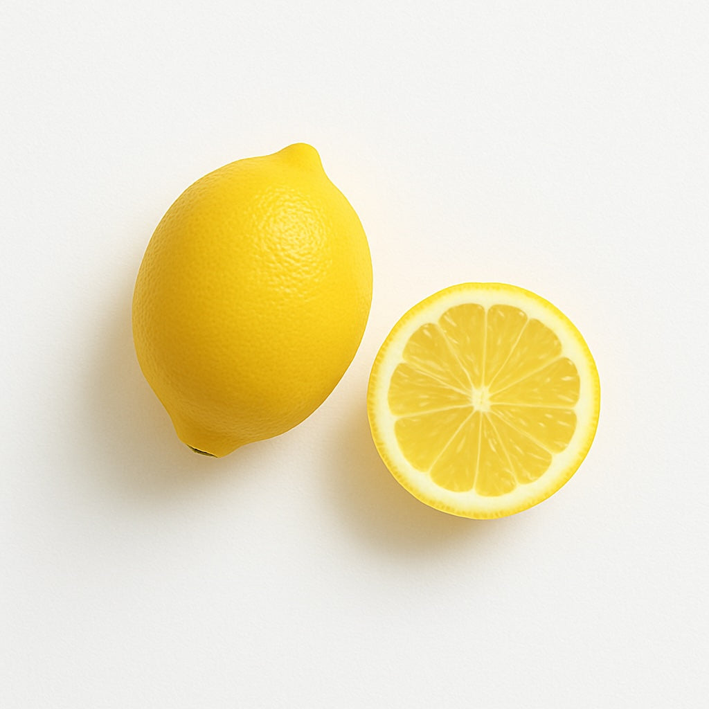 Whole lemon and sliced lemon on a white background