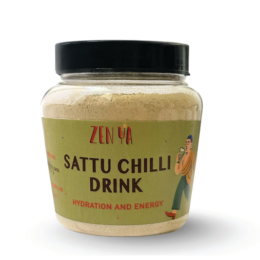 Jar of Sattu Chilli Drink with green label and black lid on a white background
