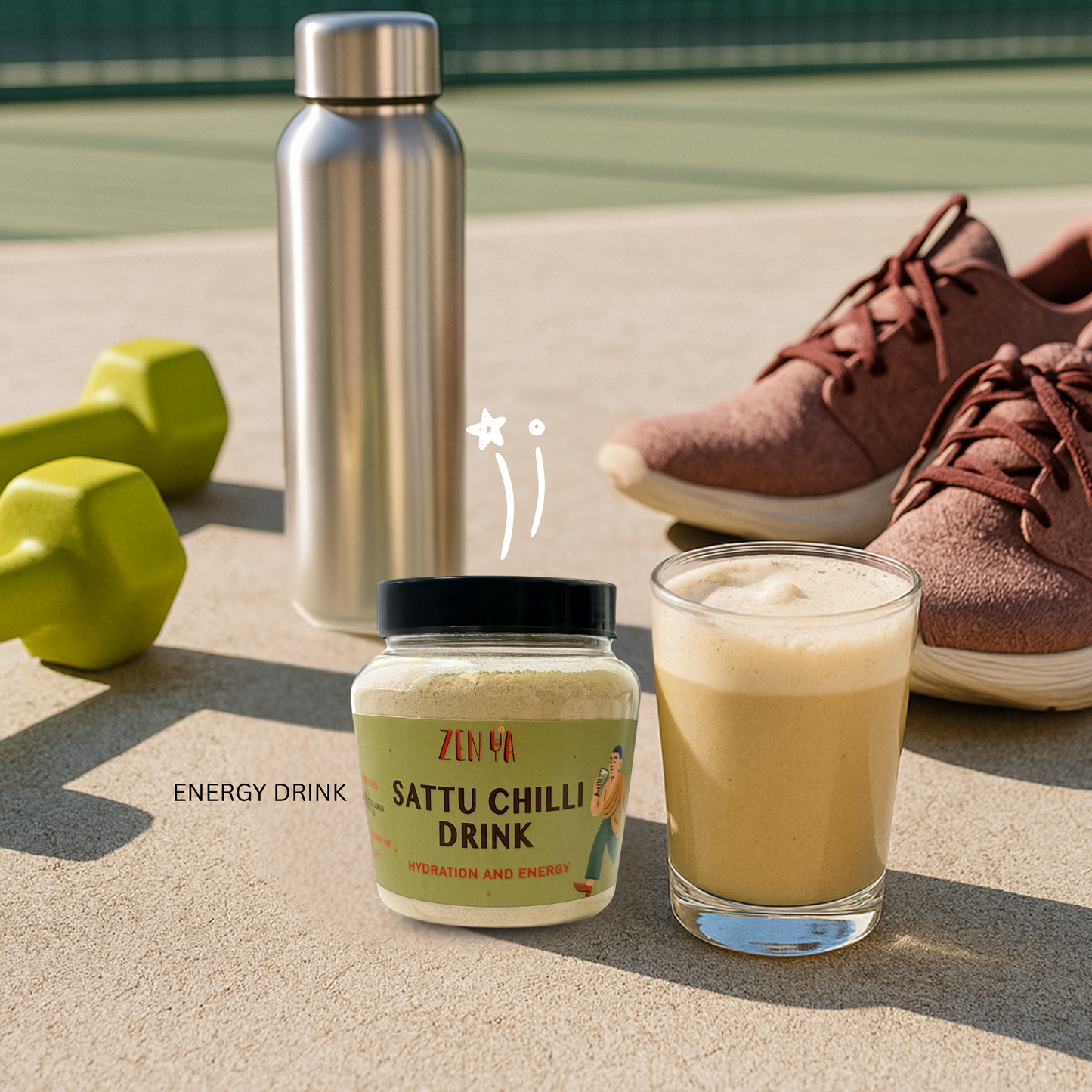 Sattu Chilli Drink jar, glass, water bottle, and shoes on a concrete surface