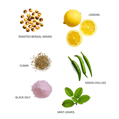 Illustration of roasted Bengal grams, lemons, cumin, green chillies, black salt, and mint leaves on a white background. zenya sattu chilli drink ingredients