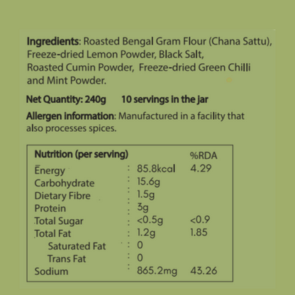 Product label with ingredients, net quantity, allergen information, and nutrition facts on a green background. zenya sattu green chilli drink