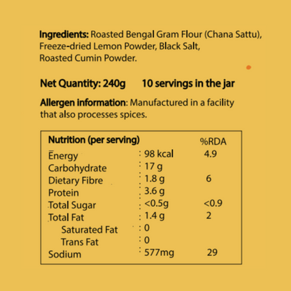 Ingredients list, net quantity, allergen information, and nutrition facts on a yellow background.