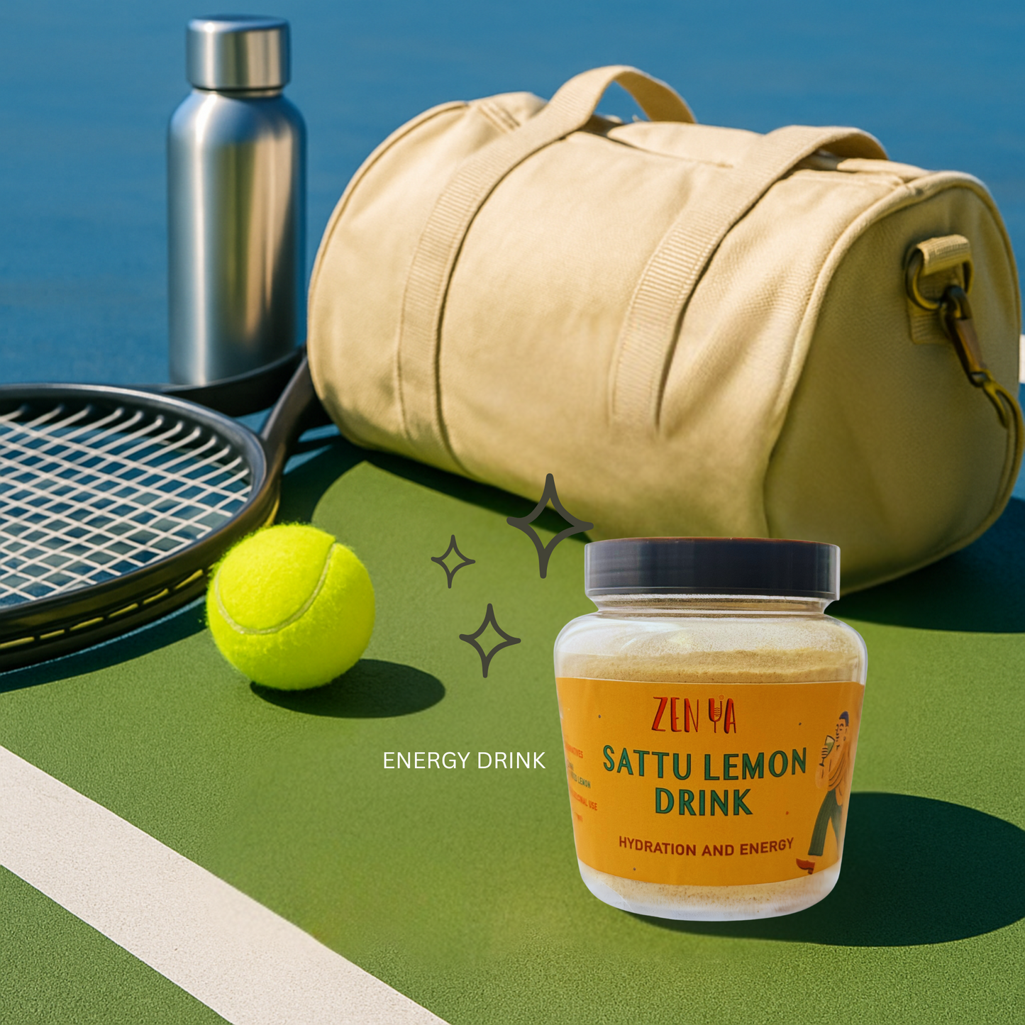 Jar of Sattu Lemon Drink on a tennis court with sports equipment and a steel bottle