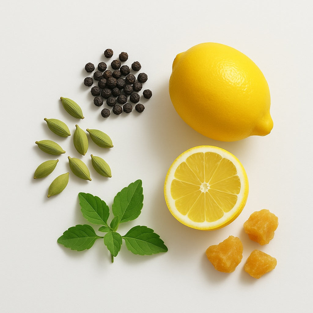 Lemons, cardamom pods, black peppercorns, and a sprig of tulsi on a white background