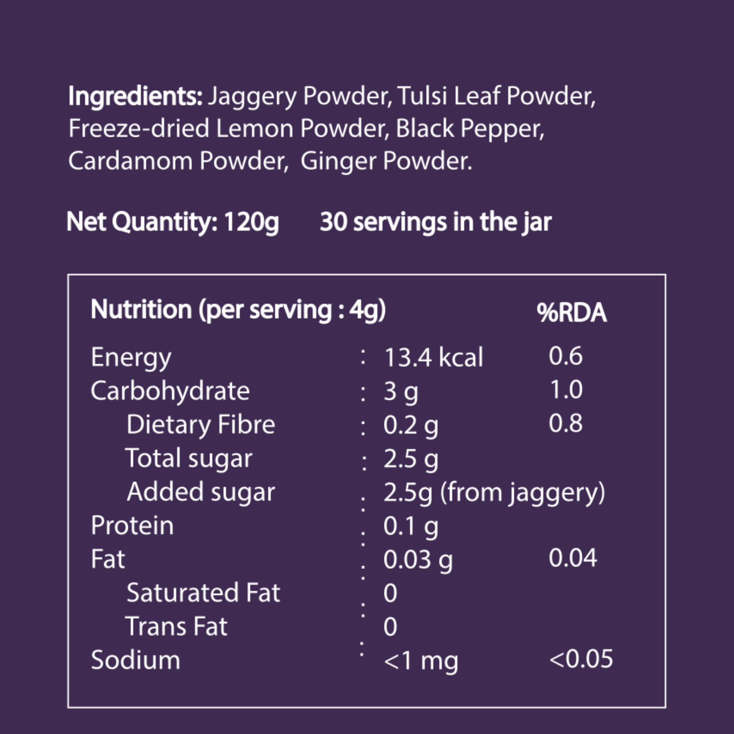 Nutritional information and ingredient list for zenya tulsi ginger drink on a purple background