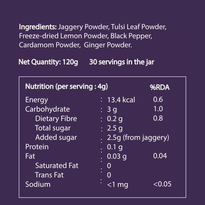 Nutritional information and ingredient list for zenya tulsi ginger drink on a purple background