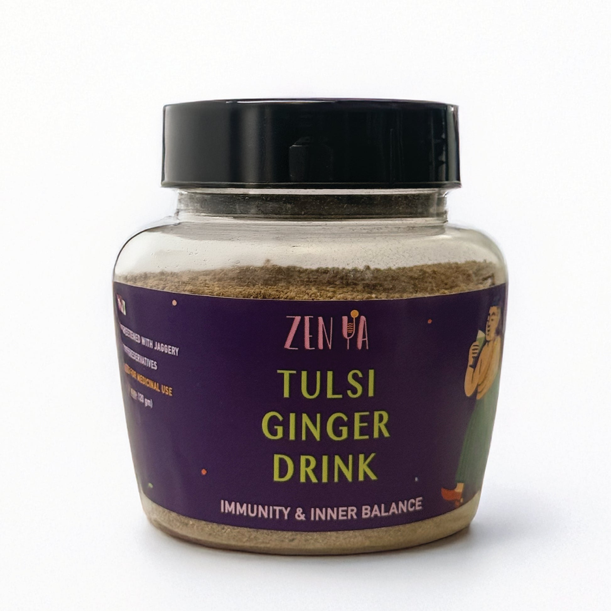 Jar of Tulsi Ginger Drink with Zena branding on a white background