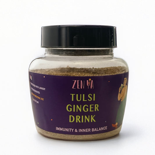 Jar of Tulsi Ginger Drink with Zena branding on a white background