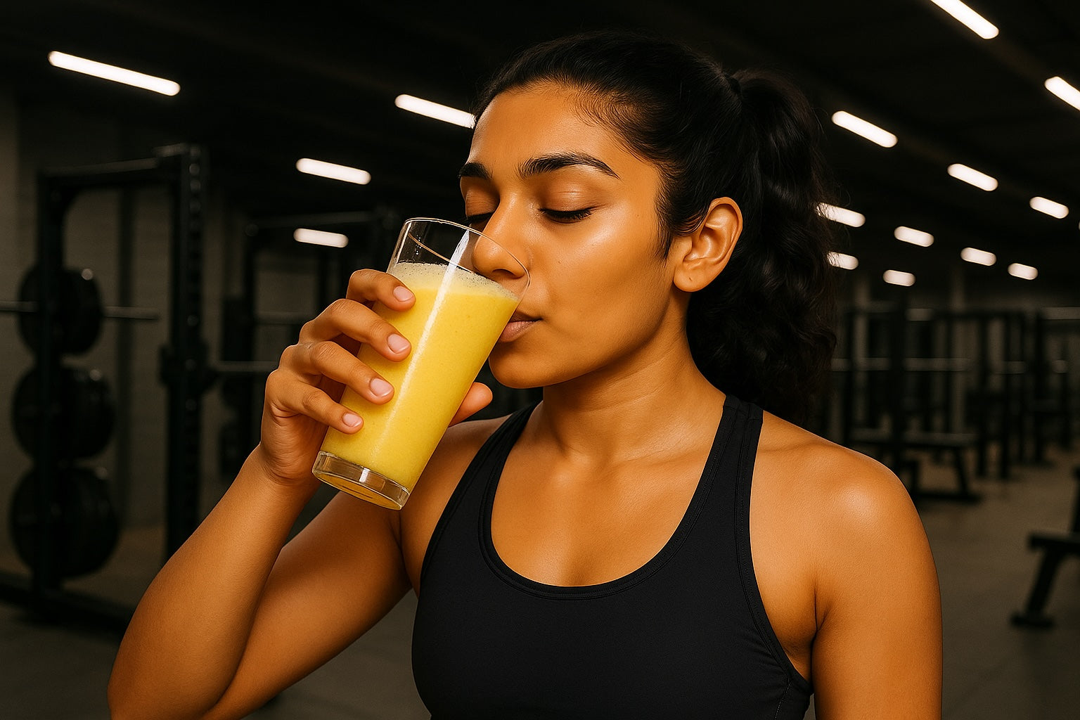 Indian woman in gym gear drinking a glass of ZenYa in a modern fitness centre — perfect for pre-workout hydration.