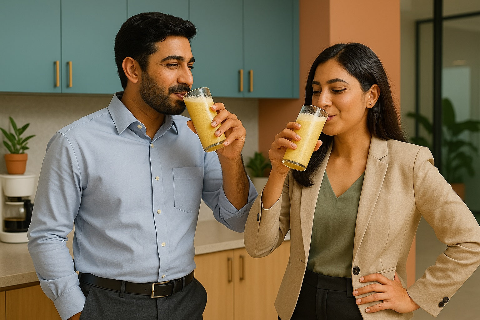 Two Indian professionals enjoying a glass of ZenYa during a mid-day break in a modern office pantry — the healthier chai break.