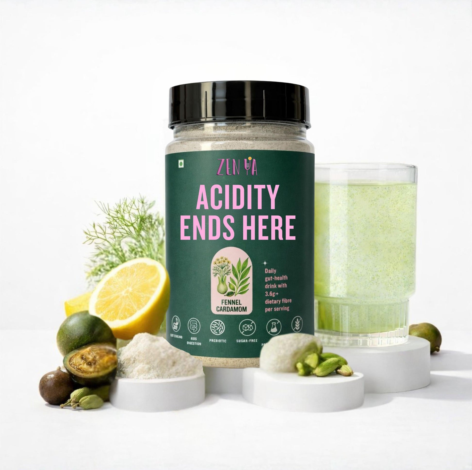 Zen Ya Acidity Ends Here gut cooling drink made with fennel, cardamom and prebiotic fibre, shown with prepared green drink for daily acidity and digestion support